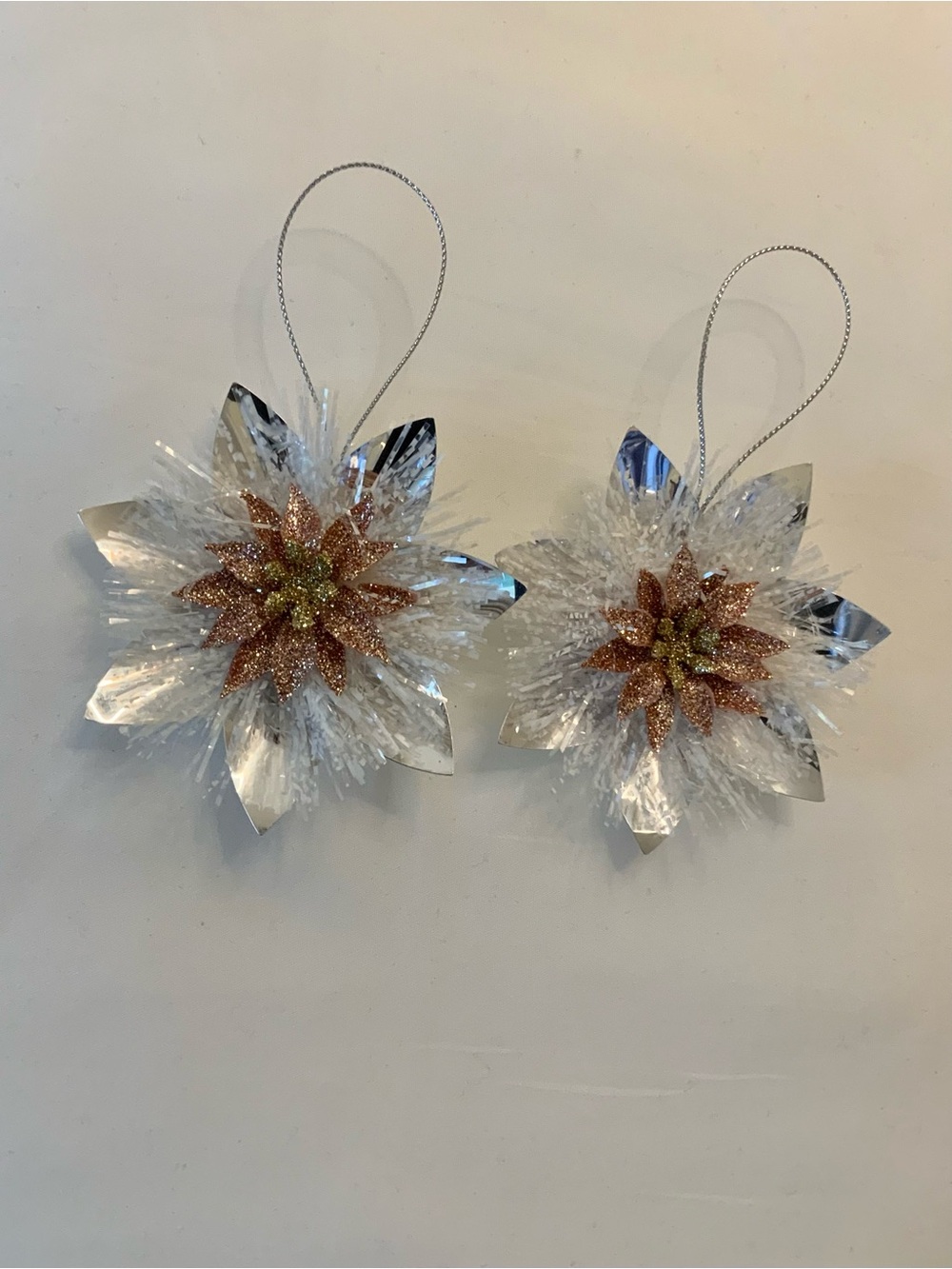 Decorative Silver and Rose Gold Poinsettia Hanging Ornaments -